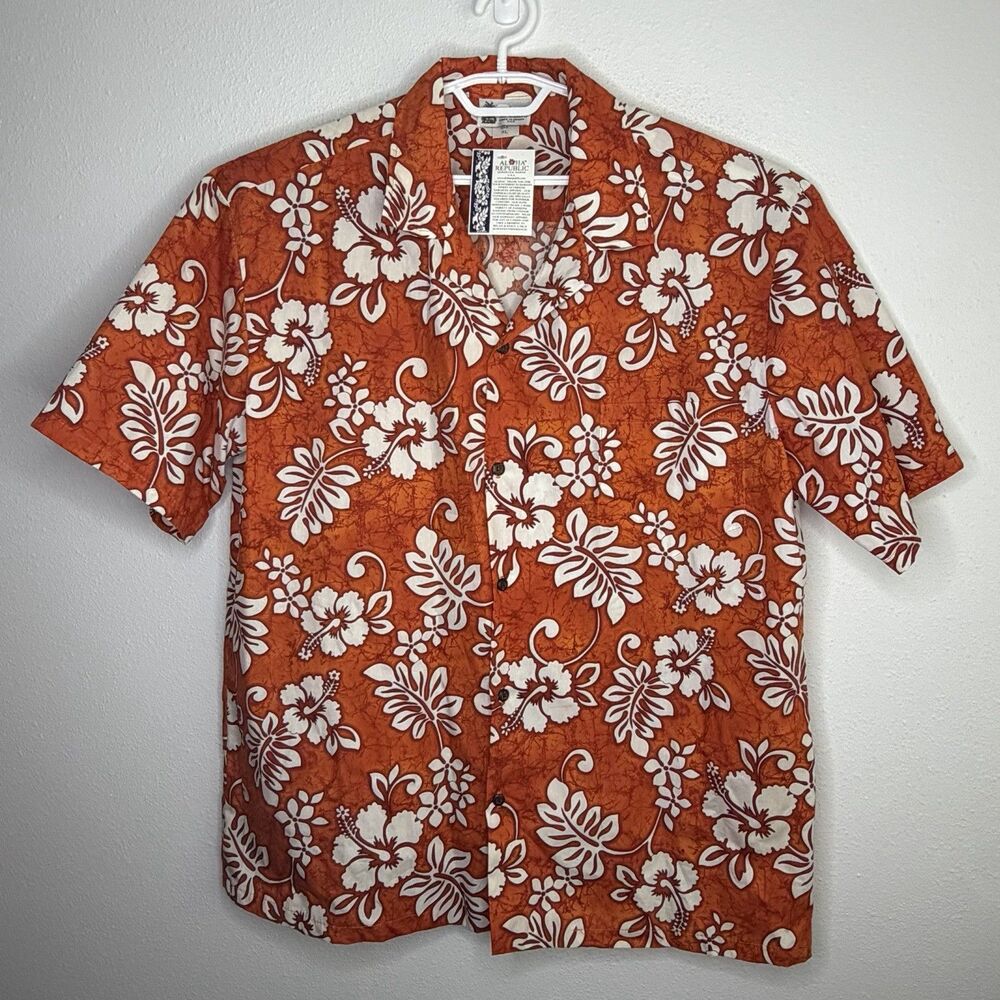 Aloha Republic Hawaiian Shirt Orange Floral Button Front Men’s XL NWT